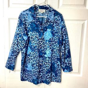 Signatures by Delta Burke Blouse Animal Print Button Front Sheer Blue 1X